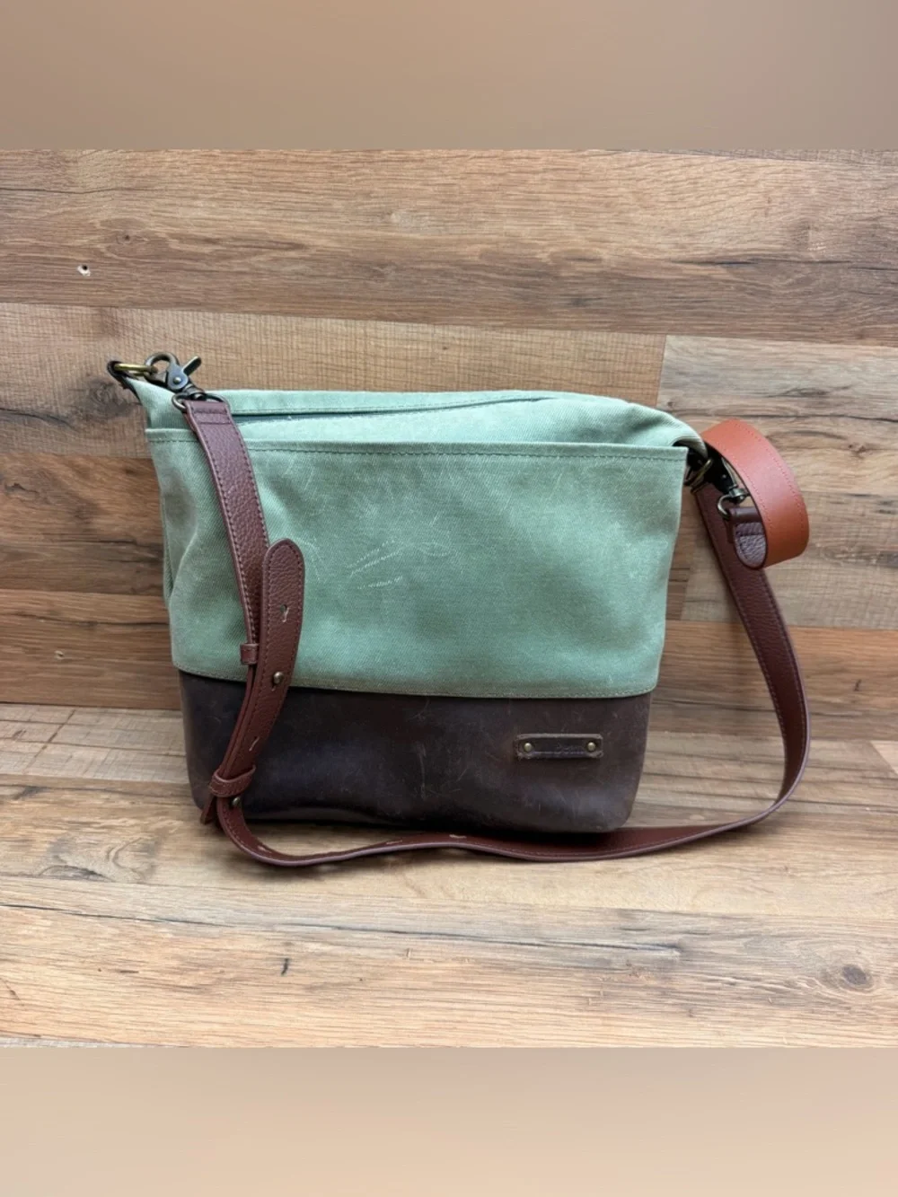 LL Bean Canvas and Leather Crossbody Bag in Sage Green and Brown